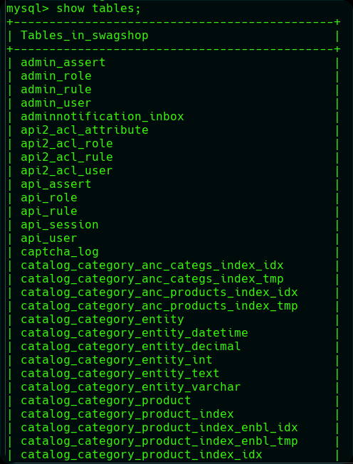 swagshop mysql tables